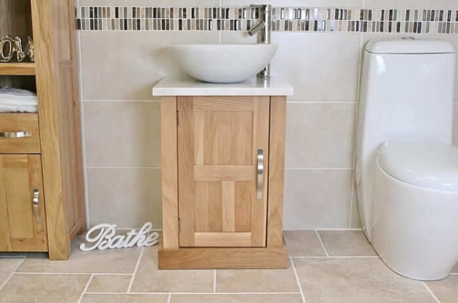 Round White Marble Basin & White Marble Top on Oak Vanity Unit