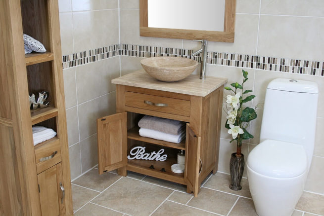 Travertine Top Oak Vanity Unit with Travertine Basin & Chrome Tap Set