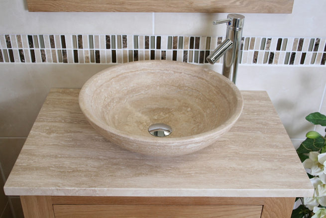 Stunning Travertine Basin and Travertine Top Vanity Unit Set - Above View