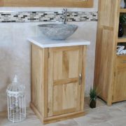 Grey Marble Basin on White Marble Topped Oak Vanity Unit
