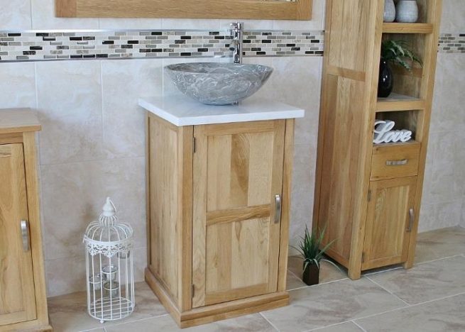 Grey Marble Basin on White Marble Topped Oak Vanity Unit