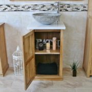 Small Oak Vanity Unit with White Marble Top & Grey Marble Basin with Door Open