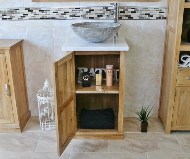 Small Oak Vanity Unit with White Marble Top & Grey Marble Basin with Door Open