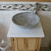 Above View of White Marble Top & Grey Marble Basin on Oak Vanity Unit