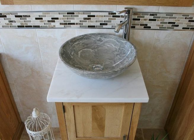 Above View of White Marble Top & Grey Marble Basin on Oak Vanity Unit