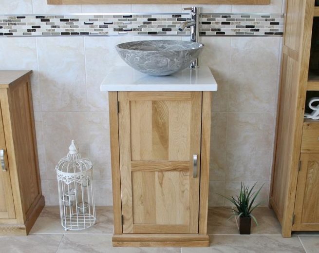 Grey Marble Basin on White Marble Topped Small Oak Vanity Unit