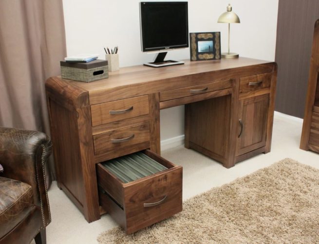 Shiro Walnut Home Office Desk showing Open Drawer