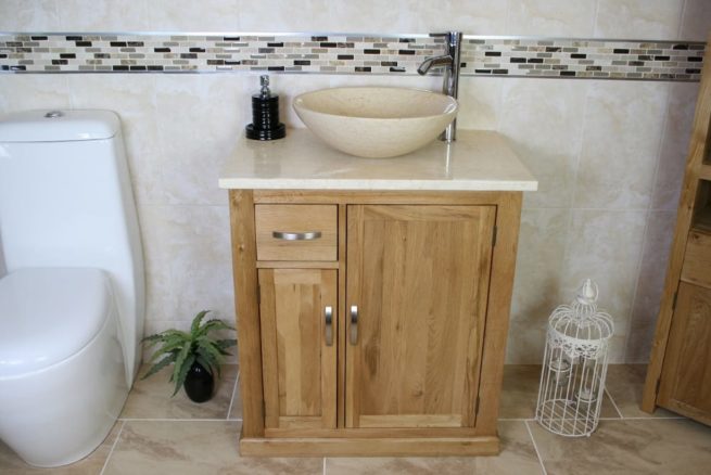 Oak Vanity Unit with Cream Marble Top & Cream Bathroom Basin