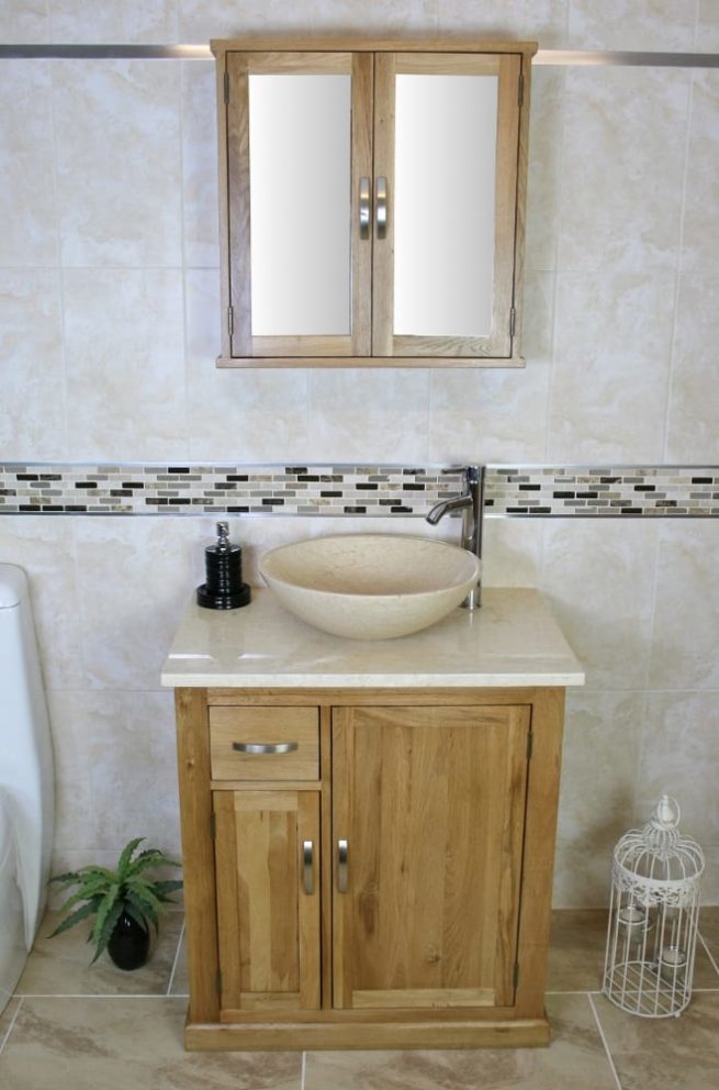 Cream Marble Topped Vanity Unit with Cream Marble Basin & Mirror Bathroom Cabinet Set