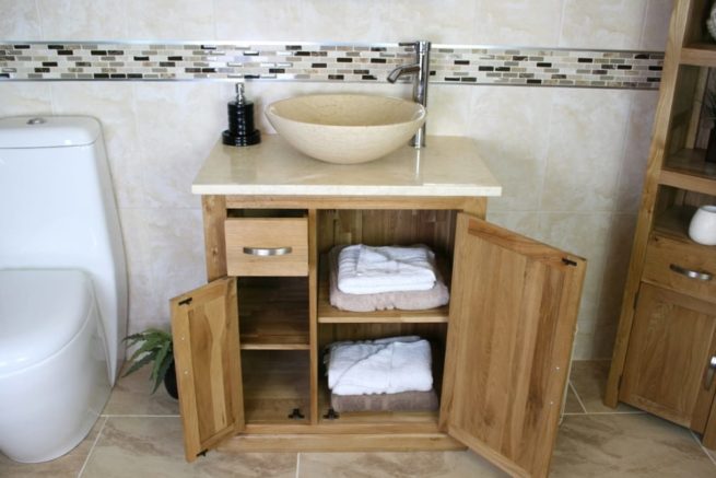 Single Vanity Unit with Cream Marble Top & Cream Marble Basin with Open Doors