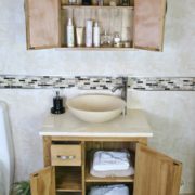 Bathroom Vanity Unit with Cream Marble Top & Basin - Open Doors, Showing Storage