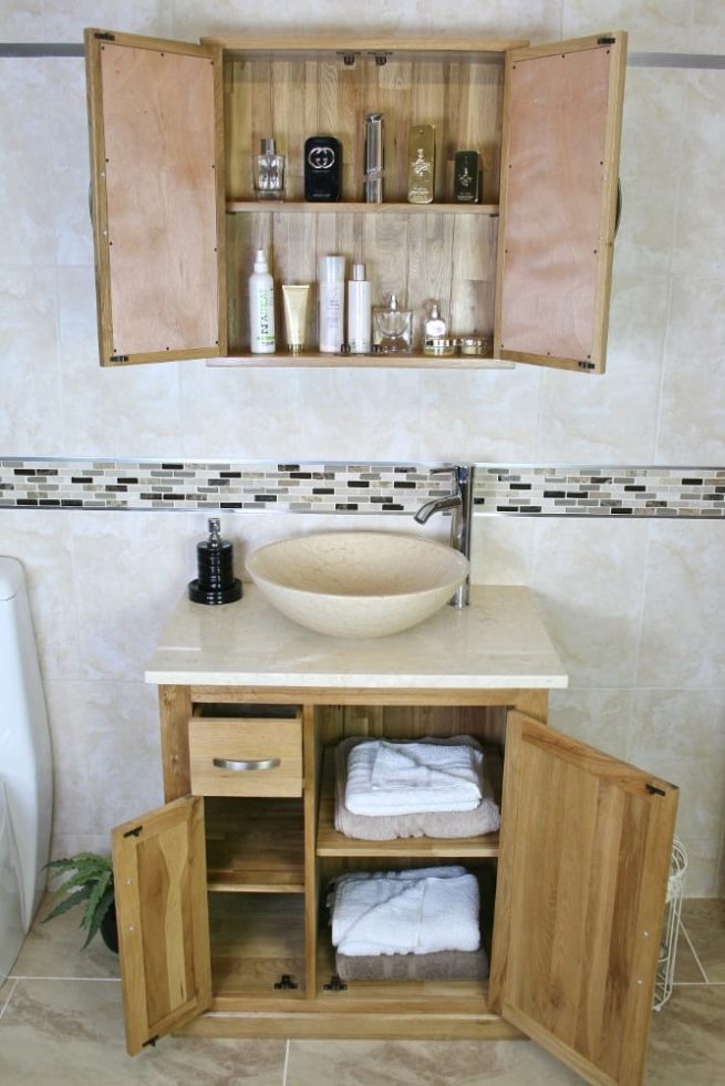 Bathroom Vanity Unit with Cream Marble Top & Basin - Open Doors, Showing Storage