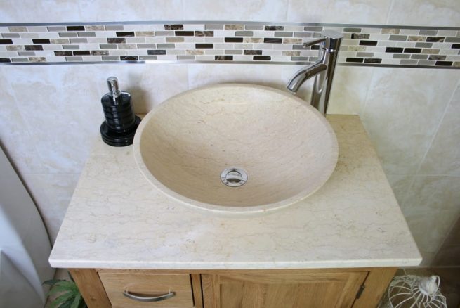 Aerial View of Cream Marble Basin on Cream Marble Topped Vanity Unit