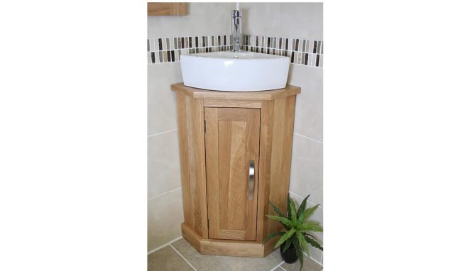 Ceramic Corner Basin on Oak Top Corner Vanity Unit