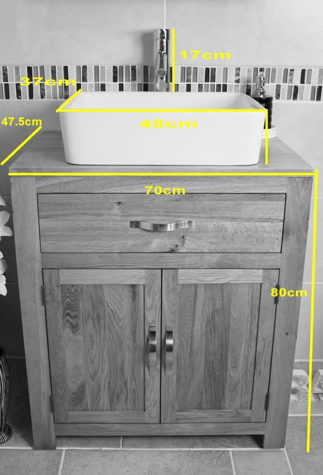 White Ceramic Rectangle Wash Basin on Oak Vanity - Measurements