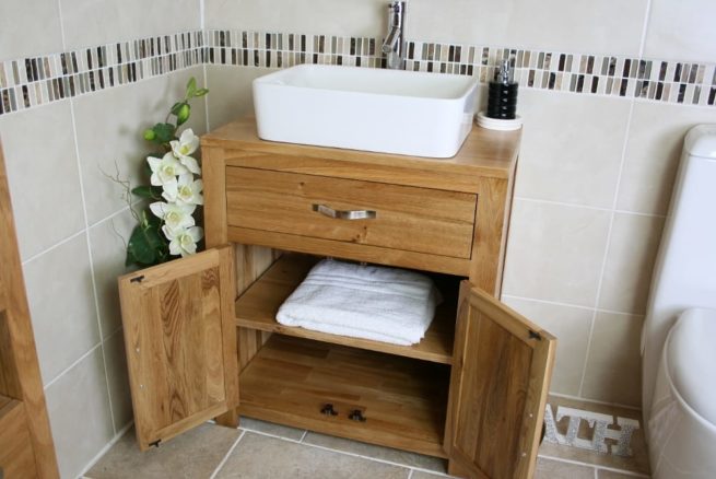 White Rectangle Ceramic Basin on Vanity Unit with Open Doors