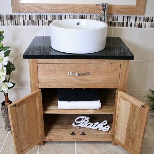 White Ceramic Circle Basin on Black Quartz Top Oak Vanity Unit, Showing Cupboard Storage Space