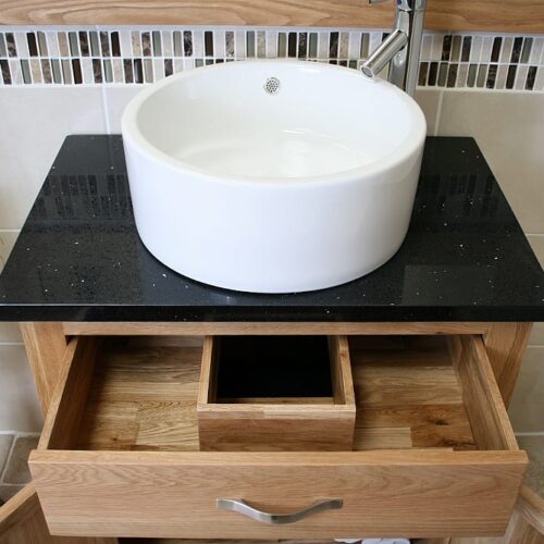 Above View of Round White Ceramic Basin on Black Quartz Topped Oak Vanity Unit - Showing Drawer Storage