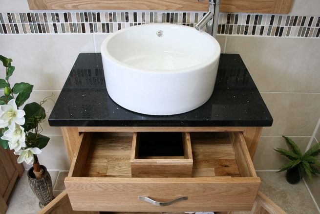 Above View of Round White Ceramic Basin on Black Quartz Topped Oak Vanity Unit - Showing Drawer Storage