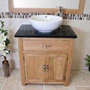 Front View of Round Curved White Ceramic Basin on Black Quartz Topped Oak Vanity Unit