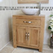 Far View of White Marble Basin on Single Oak Top Vanity Unit