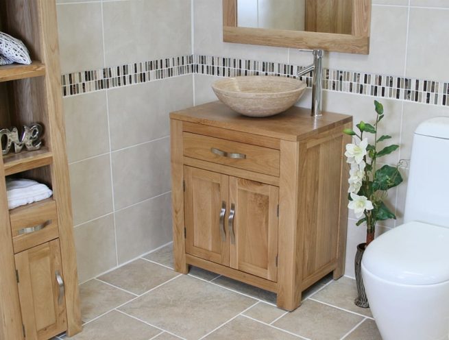 Far Side View of Travertine Basin on Single Oak Top Vanity Unit