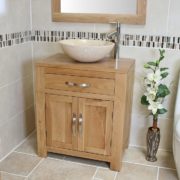 Far View of Cream Marble Basin on Oak Top Vanity Unit