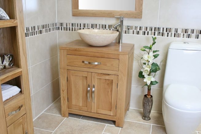 Far View of Cream Marble Basin on Oak Top Vanity Unit