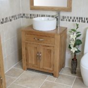 Round White Ceramic Bathroom Basin on Oak Vanity Unit - Far View