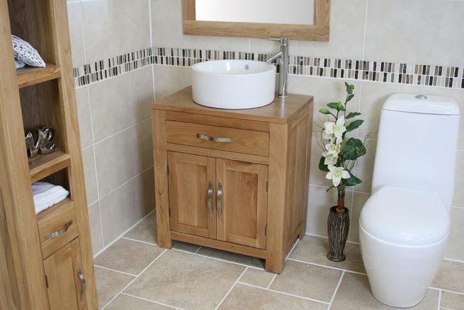 Round White Ceramic Bathroom Basin on Oak Vanity Unit - Far View