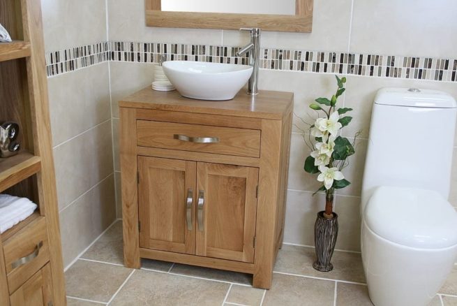 Oval White Ceramic Basin on Solid Oak Vanity Unit Far View