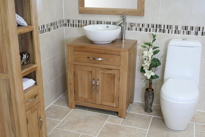 Round Curved White Ceramic Basin on Oak Vanity Unit Far Side View