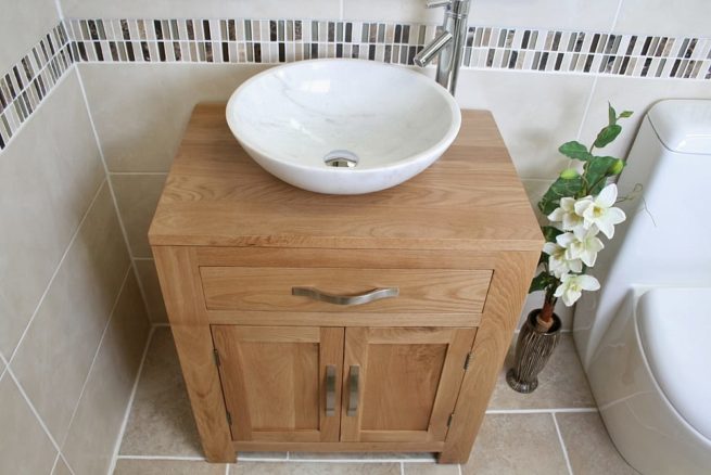 Above View of White Marble Basin on Oak Top Vanity Unit