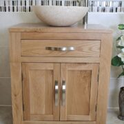 Front View of Cream Marble Basin on Oak Top Vanity Unit