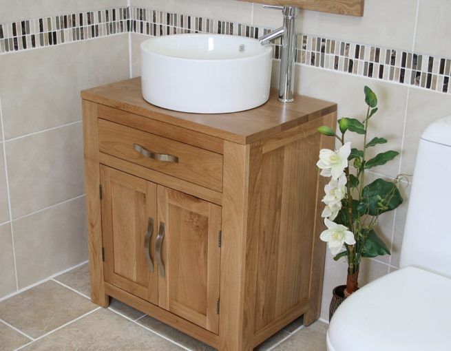 White Round Ceramic Basin on Oak Vanity Unit Side View