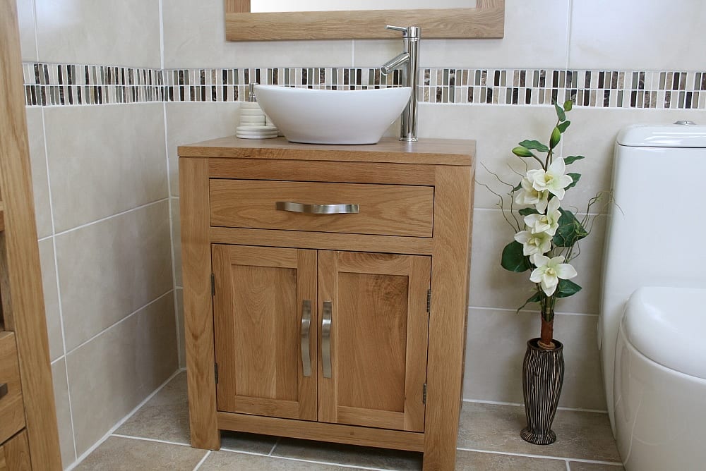 White Ceramic Bathroom Wash Basin On, Solid Wood Vanity Unit With Basin