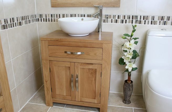 Oval White Ceramic Basin on Solid Oak Vanity Unit