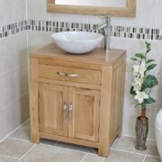 Close Side View of White Marble Basin on Single Oak Top Vanity Unit