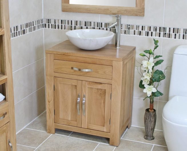 Close Side View of White Marble Basin on Single Oak Top Vanity Unit