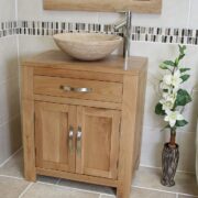 Close Side View of Travertine Basin on Single Oak Top Vanity Unit