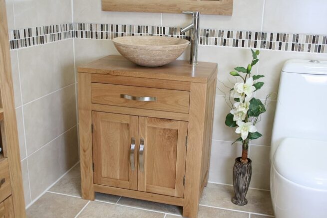 Close Side View of Travertine Basin on Single Oak Top Vanity Unit