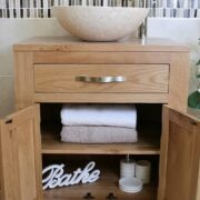 Cream Marble Basin on Single Oak Top Vanity Unit - Showing Storage