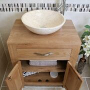 Above View of Cream Marble Basin on Oak Top Vanity Unit