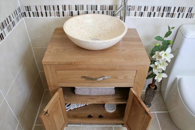 Above View of Cream Marble Basin on Oak Top Vanity Unit