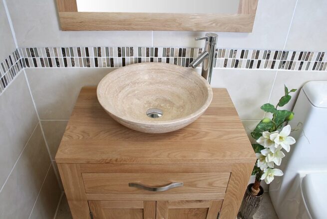 Above View of Travertine Basin on Single Oak Top Vanity Unit