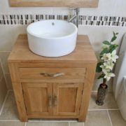 Close View of White Round Ceramic Basin on Oak Vanity Unit