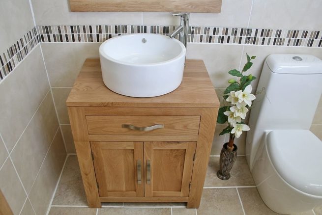 Close View of White Round Ceramic Basin on Oak Vanity Unit