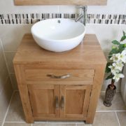 White Round Curved Bathroom Basin on Oak Vanity Unit