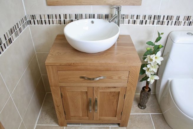 White Round Curved Bathroom Basin on Oak Vanity Unit