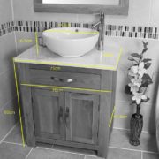 Measurements of Round Curved White Ceramic Basin on Black Quartz Topped Oak Vanity Unit